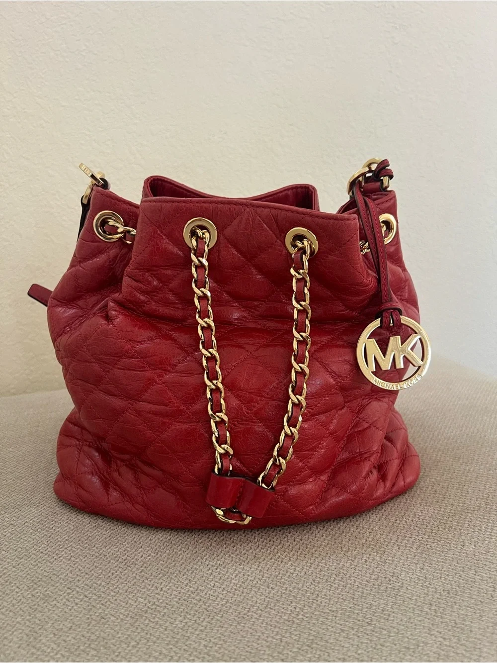 Michael Kors Quilted Red Leather Drawstring Hobo with Gold Chain
